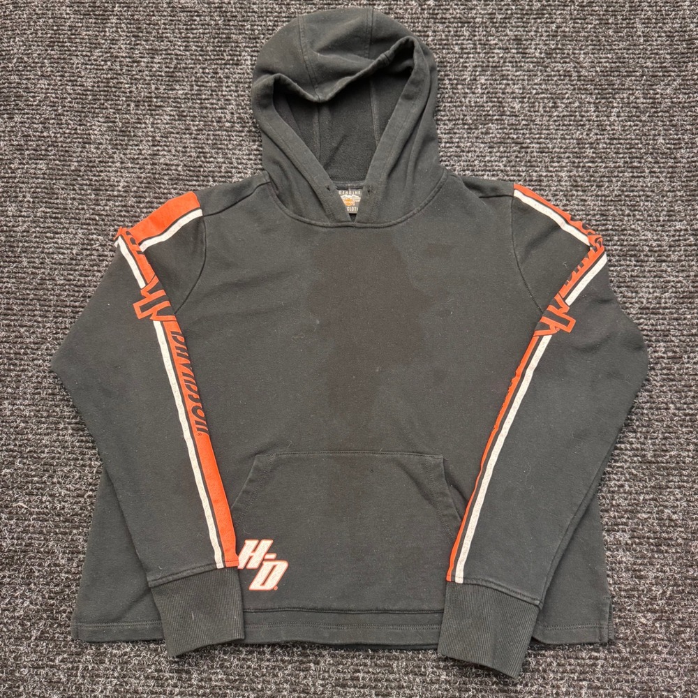 Harley-Davidson Womens Black Orange Stripe Pullover Hoodie Size L Motorclothes
